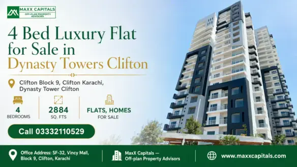 Modern High-Rise Residential Building, Dynasty Towers, Offering Luxury Flats For Sale In Clifton, Karachi, With Balconies And
