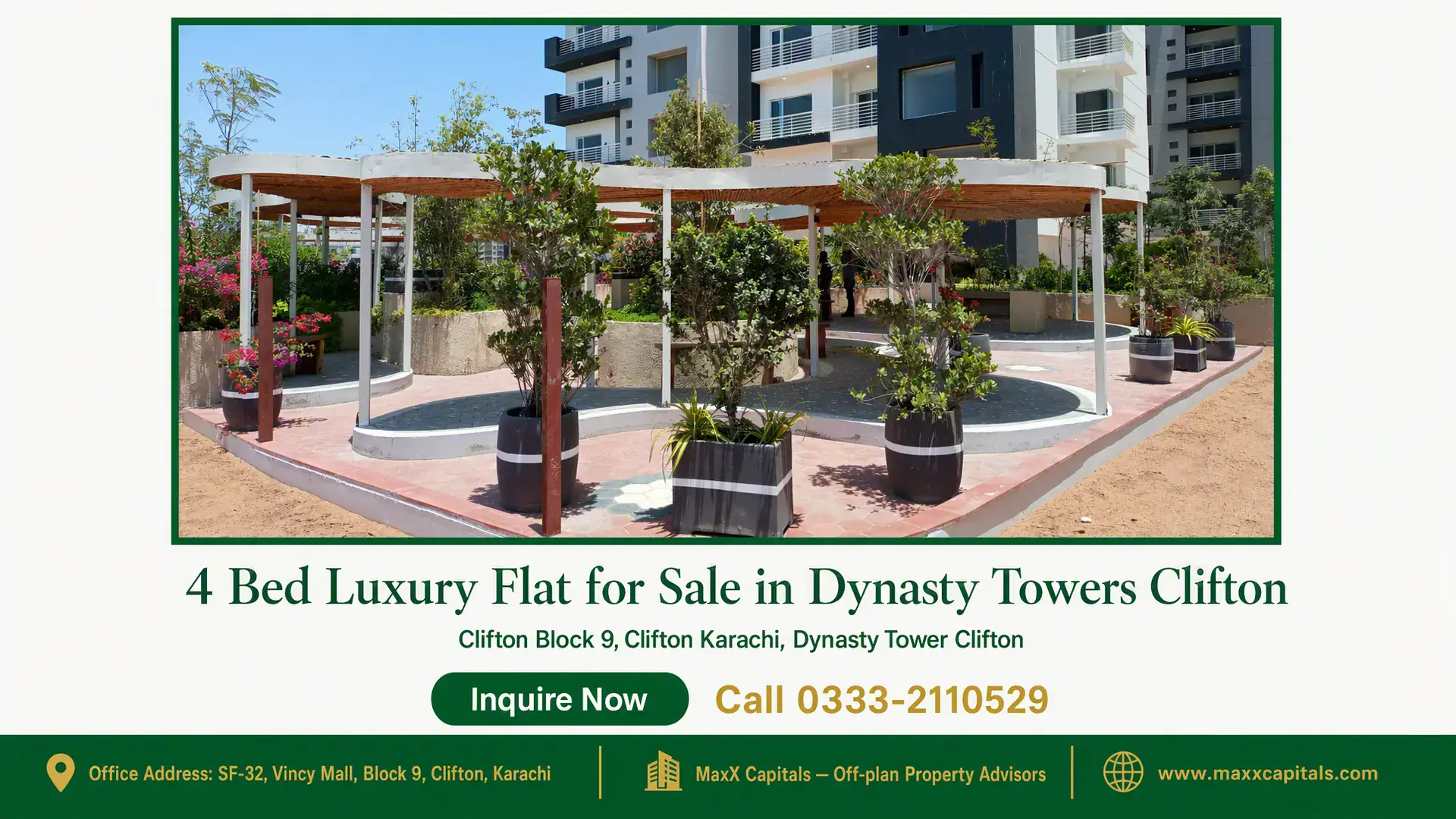 4 Bed Luxury Flat for Sale in Dynasty Towers Clifton Landscaped outdoor area with modern pergolas, planters, and greenery in Dynasty Towers, Clifton.