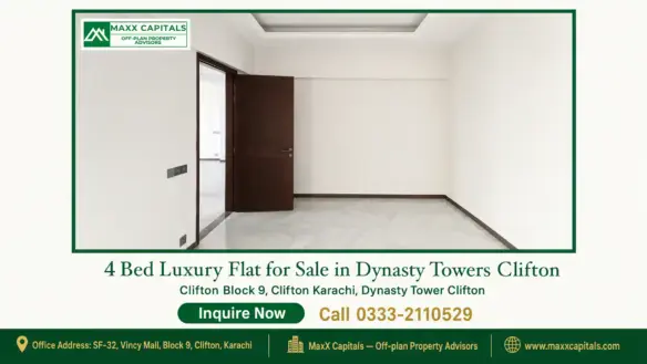 Spacious interior room with white walls, marble flooring, and a dark wooden door in Dynasty Towers Clifton.
