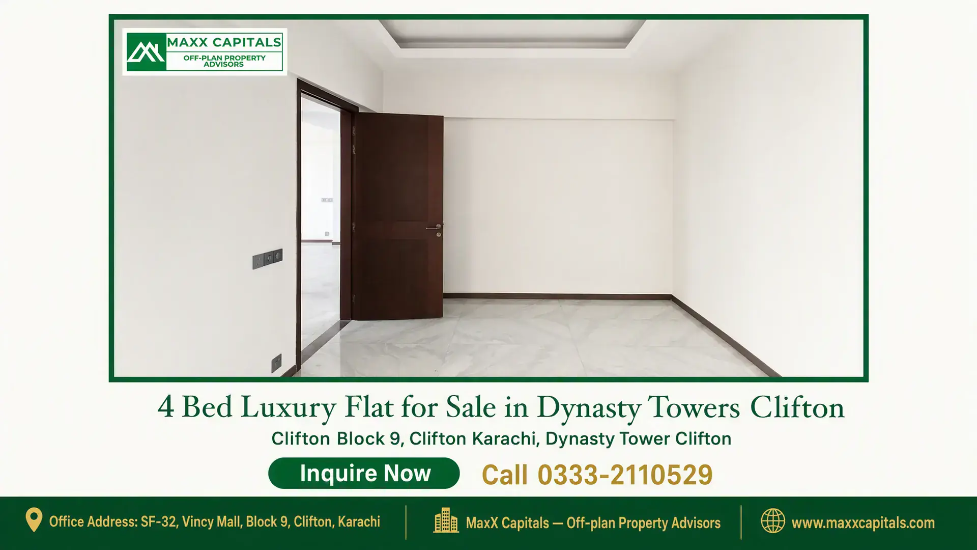4 Bed Luxury Flat for Sale in Dynasty Towers Clifton Spacious interior room with white walls, marble flooring, and a dark wooden door in Dynasty Towers Clifton.