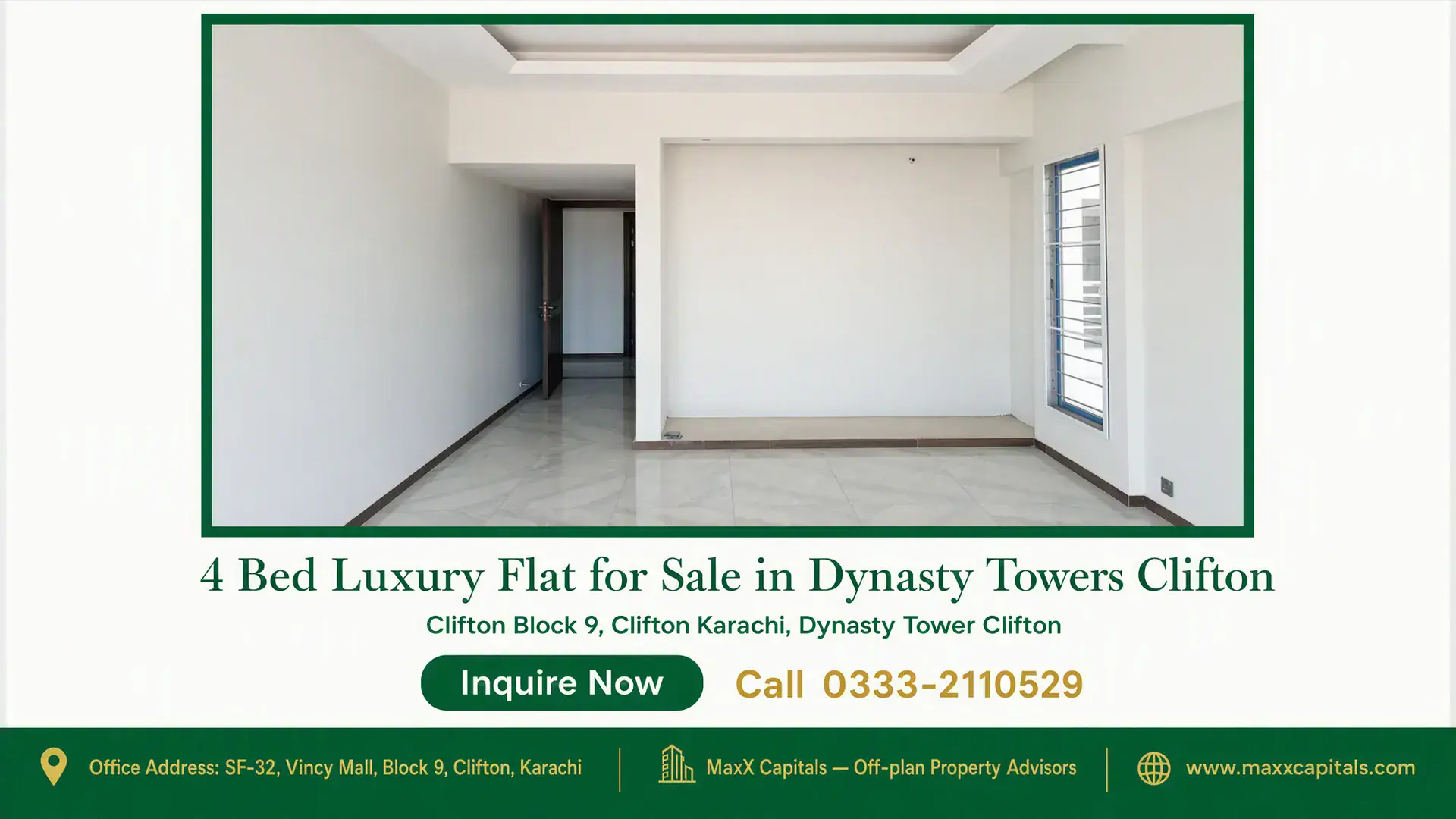 4 Bed Luxury Flat for Sale in Dynasty Towers Clifton Spacious living area with large windows, tiled flooring, and recessed ceiling in a luxury flat in Dynasty Towers Clifton.