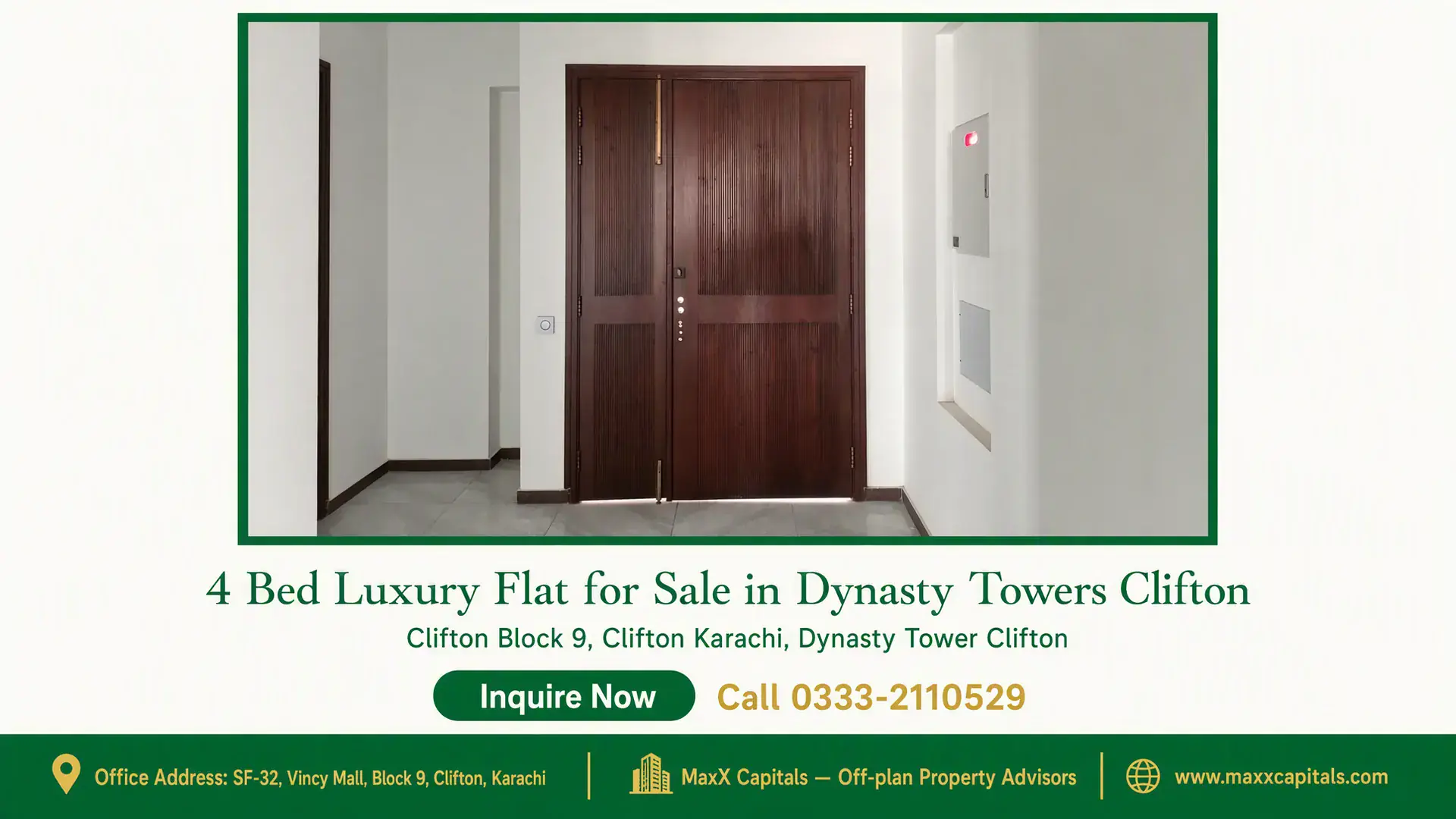 4 Bed Luxury Flat for Sale in Dynasty Towers Clifton Contemporary wooden main door in a luxury flat with a clean off-white tiled entryway in Dynasty Towers, Clifton.