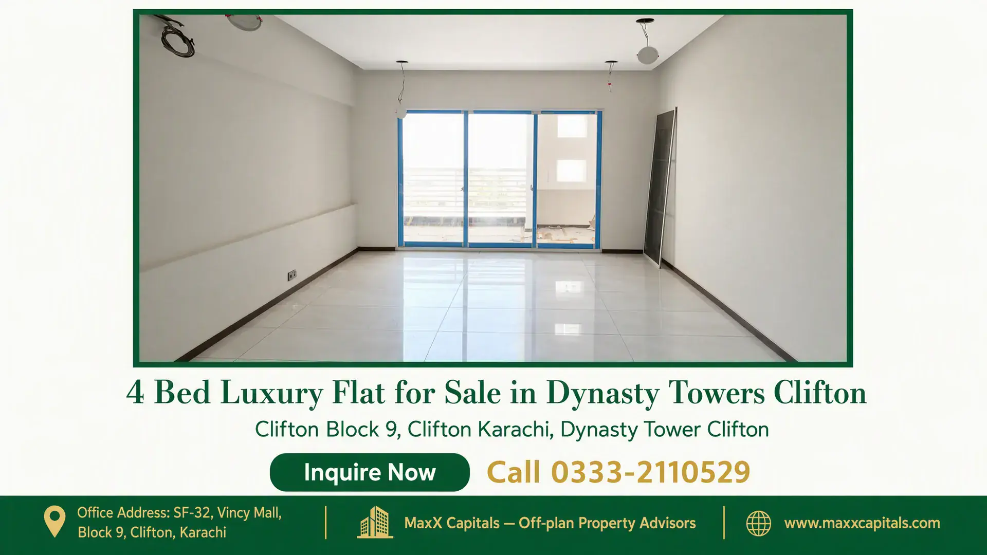 4 Bed Luxury Flat for Sale in Dynasty Towers Clifton Bright and spacious living area with glossy tiled floors, neutral walls, and large floor-to-ceiling windows in a flat for sal