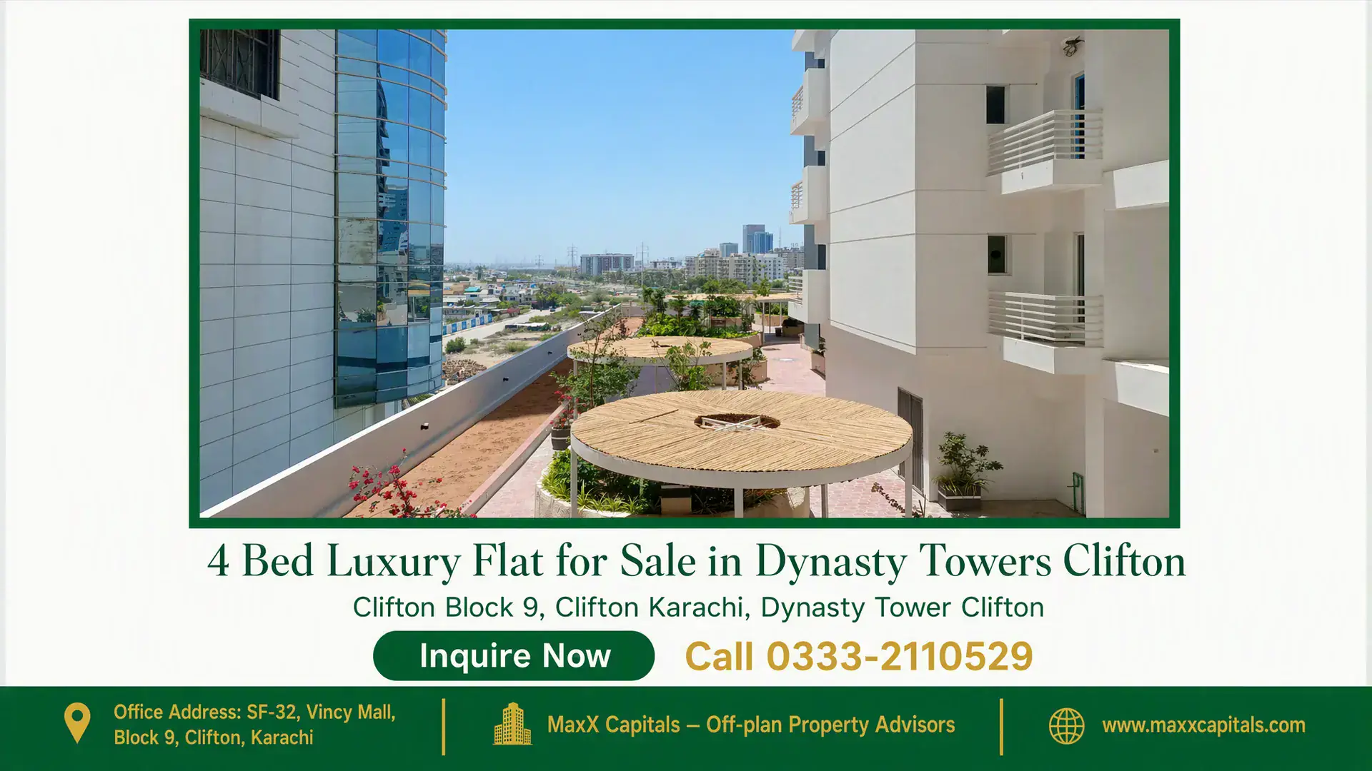 4 Bed Luxury Flat for Sale in Dynasty Towers Clifton Modern residential balconies with landscaped views and a cityscape backdrop in Dynasty Towers, Clifton Block 9.