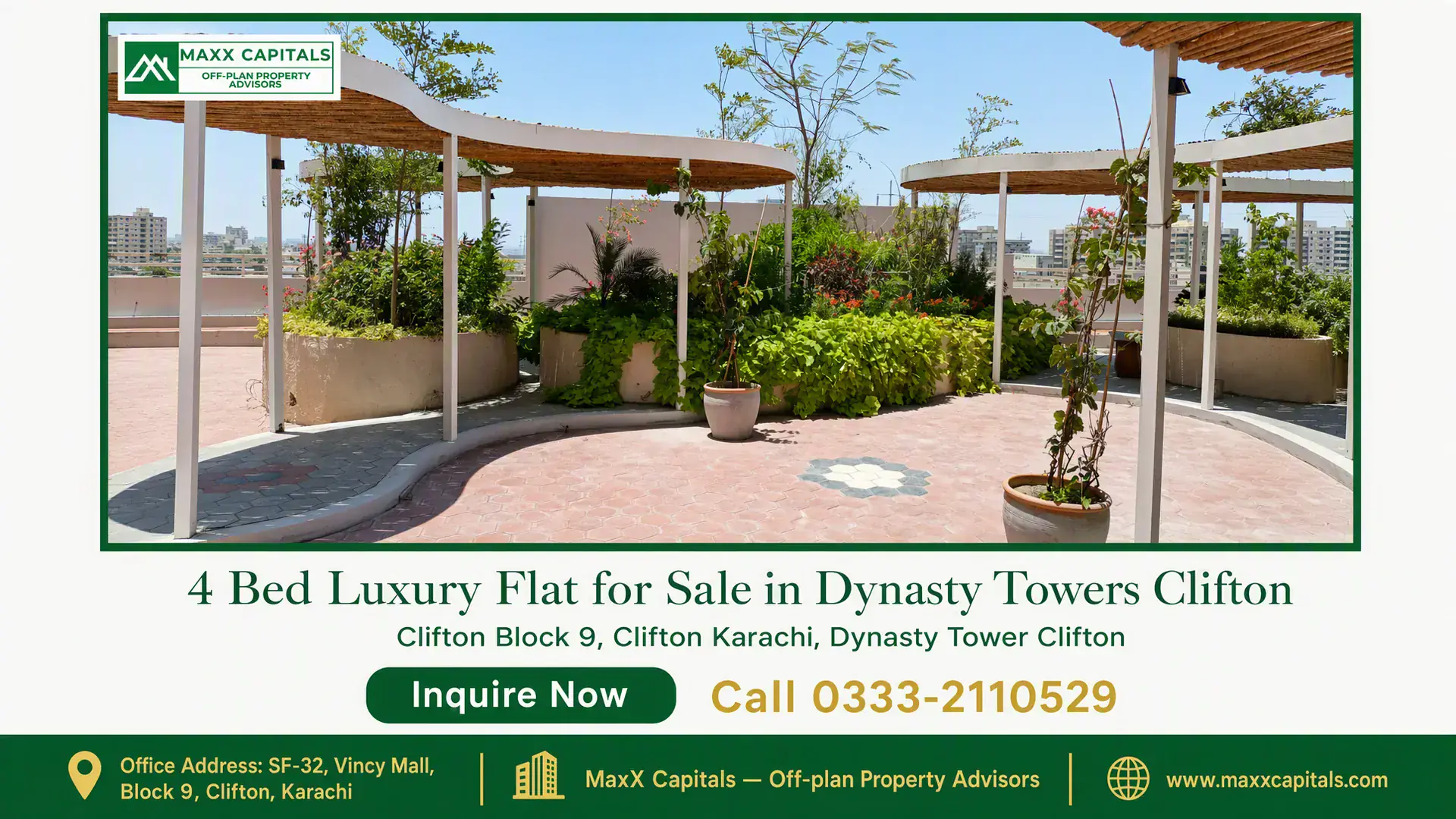 4 Bed Luxury Flat for Sale in Dynasty Towers Clifton Rooftop garden terrace with pergola-style shades, lush greenery, and paved walkways in Dynasty Towers Clifton.