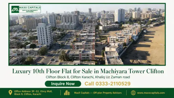Skyline view of Clifton, Karachi with modern apartment buildings and surrounding neighborhoods, highlighting Machiyara Tower.