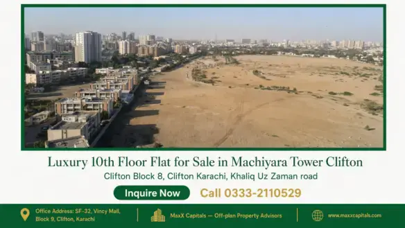 Aerial cityscape showing residential buildings and an open landscape near Clifton, Karachi, highlighting flats for sale in Ma