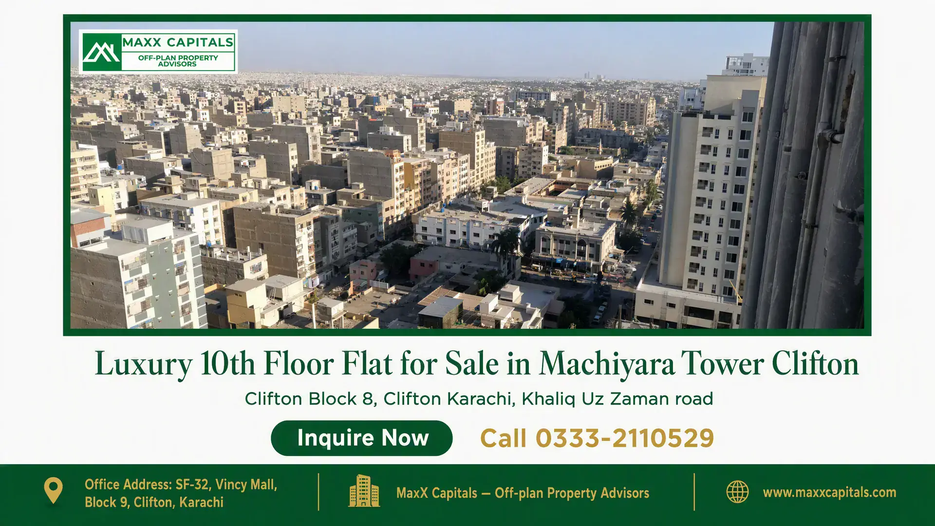 Luxury 10th Floor Flat for Sale in Machiyara Tower Clifton Aerial view of high-rise buildings in Clifton Karachi, showcasing the skyline near Machiyara Tower.