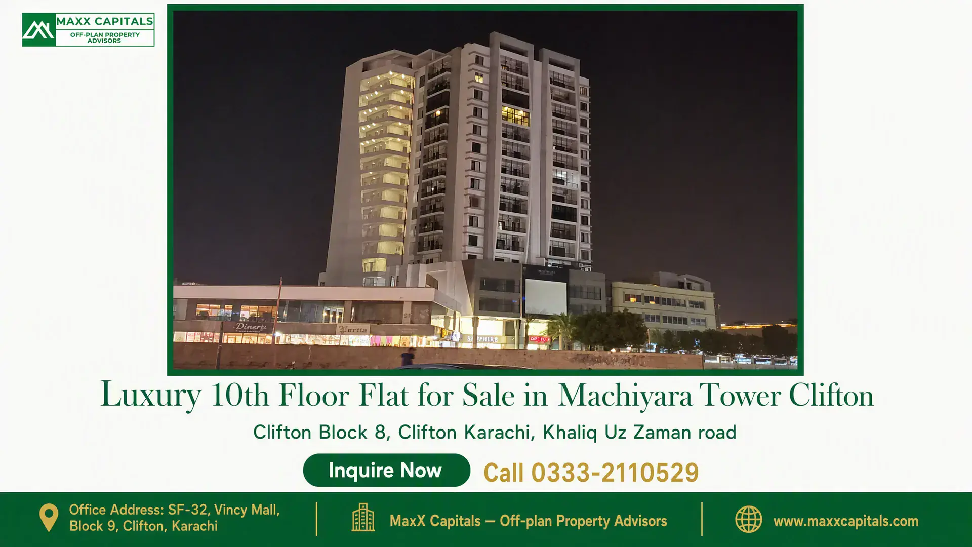 Luxury 10th Floor Flat for Sale in Machiyara Tower Clifton Night view of Machiyara Tower in Clifton with illuminated modern architecture and commercial spaces.
