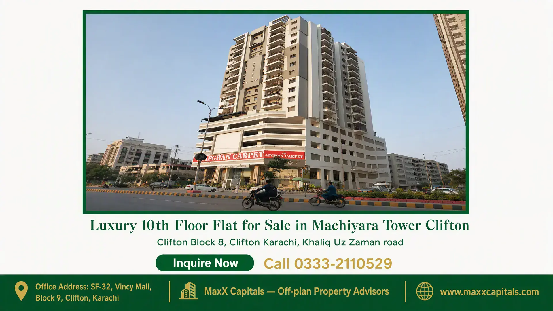 Luxury 10th Floor Flat for Sale in Machiyara Tower Clifton Machiyara Tower in Clifton with modern architectural design and ground-floor retail outlets, ideal for flats for sale.