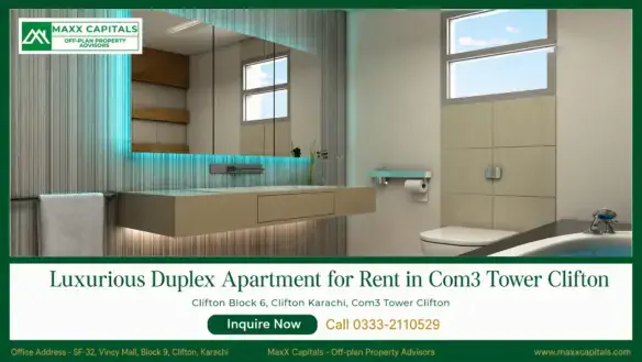 Modern duplex apartment bathroom with floating vanity, backlit mirror, twin windows, and bathtub