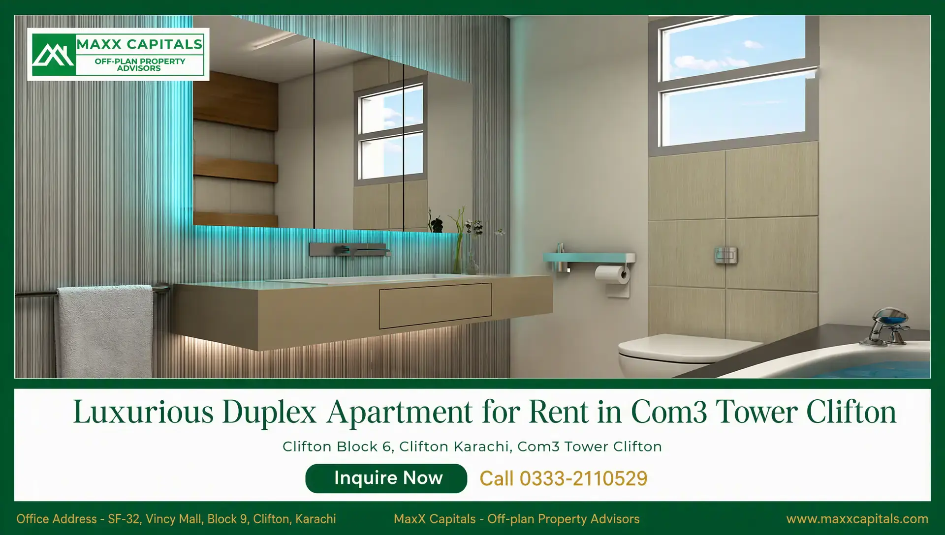 Luxurious Duplex Apartment for Rent in Com3 Tower Clifton Modern duplex apartment bathroom with floating vanity, backlit mirror, twin windows, and bathtub