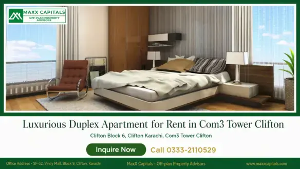 Modern duplex apartment bedroom with floor-to-ceiling windows, upholstered bed, and bedside lighting