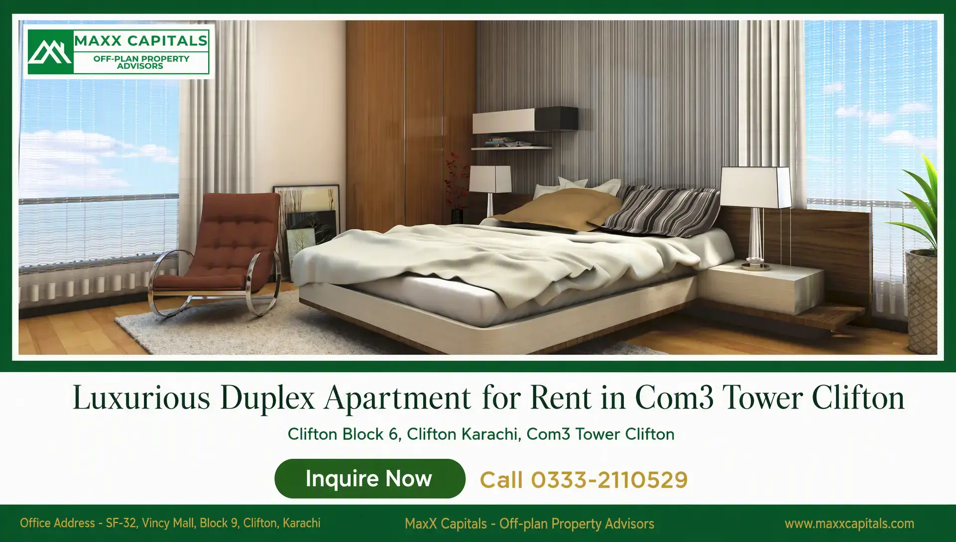 Luxurious Duplex Apartment for Rent in Com3 Tower Clifton Modern duplex apartment bedroom with floor-to-ceiling windows, upholstered bed, and bedside lighting