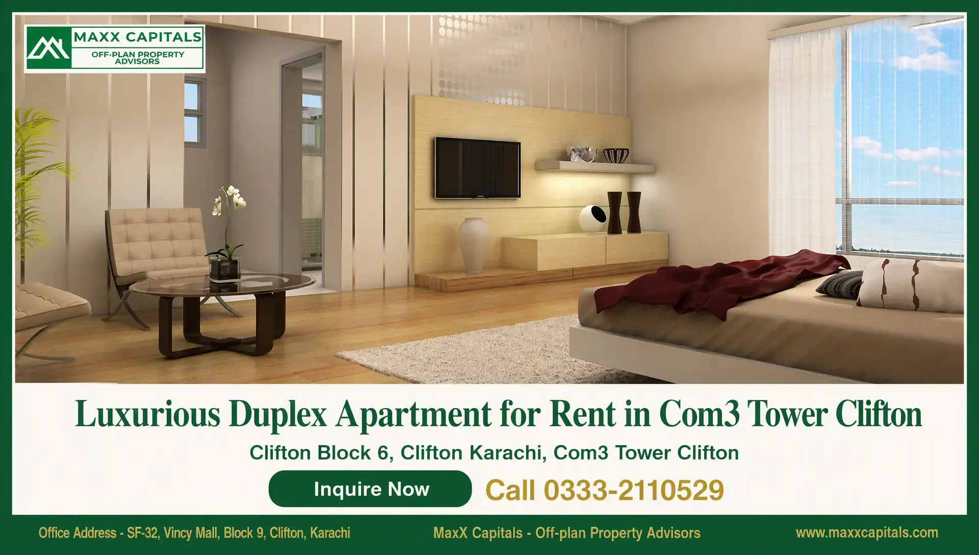 Luxurious Duplex Apartment for Rent in Com3 Tower Clifton Duplex apartment for rent interior with wood floors, TV wall, and large window in Clifton tower