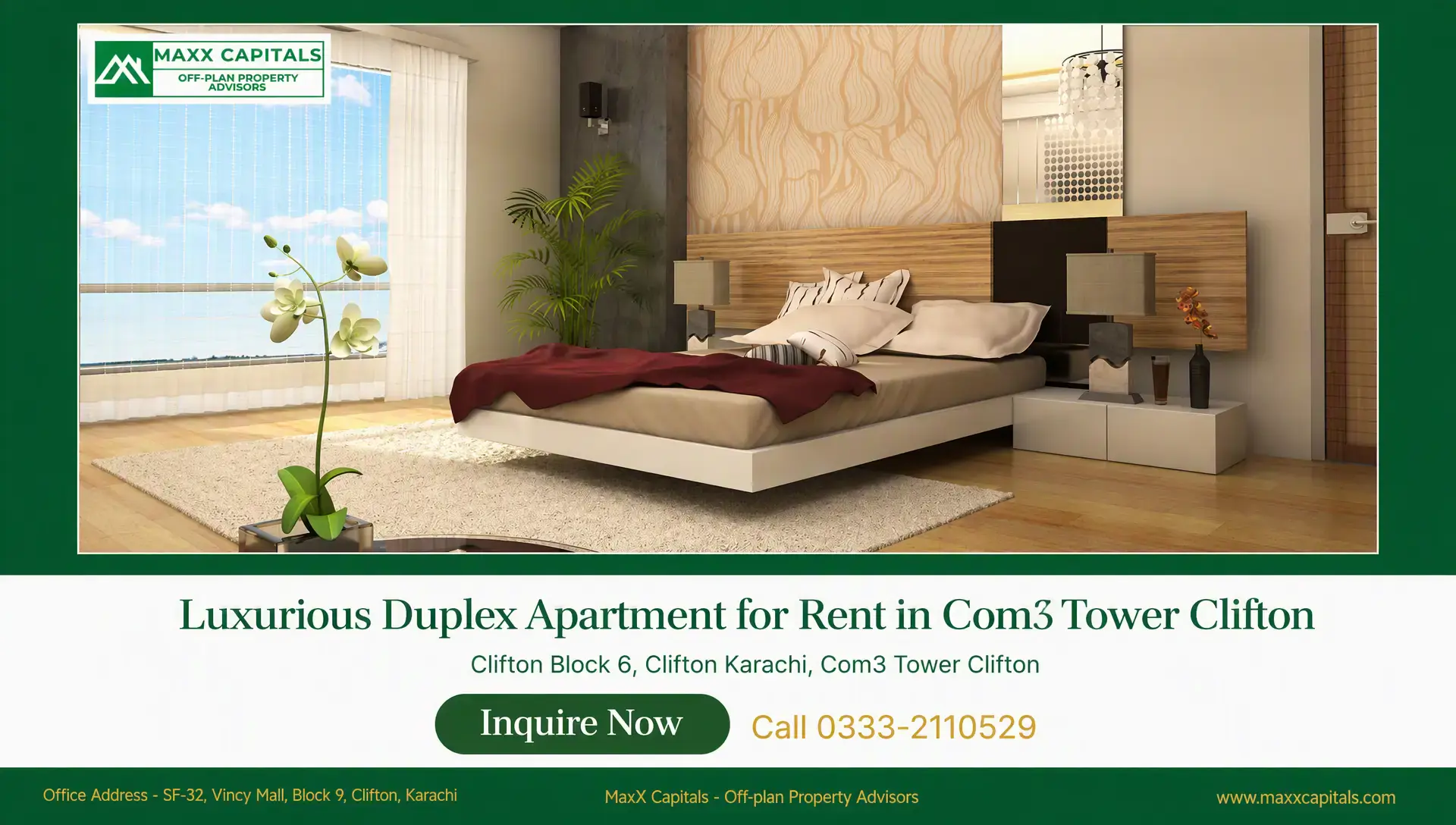 Luxurious Duplex Apartment for Rent in Com3 Tower Clifton Duplex apartment bedroom with modern headboard wall, large window, and contemporary lighting in Clifton