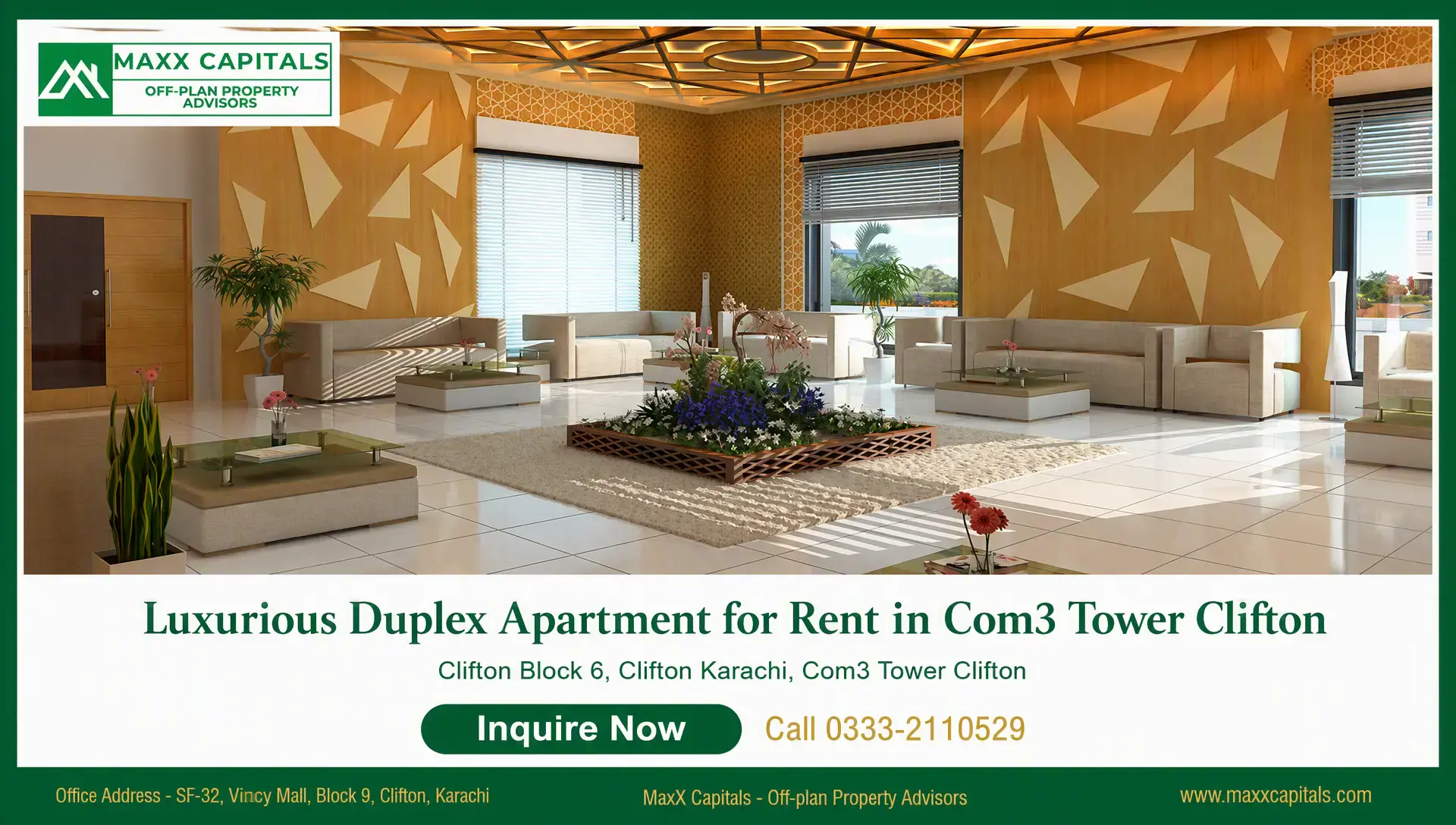 Luxurious Duplex Apartment for Rent in Com3 Tower Clifton Luxury duplex apartment lobby with geometric walls, seating, skylights and central planter