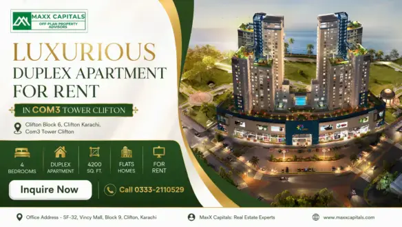 Duplex Apartment For Rent In Com3 Tower Clifton, Showing Twin High-Rise Towers And Podium Retail Frontage