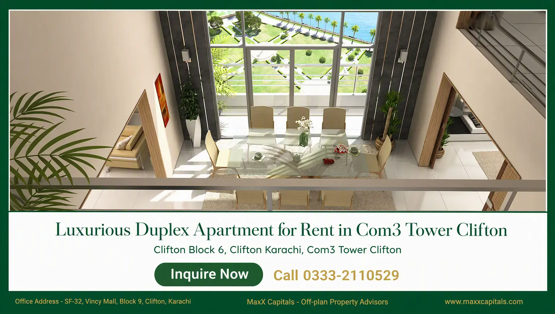 Luxurious Duplex Apartment for Rent in Com3 Tower Clifton Duplex apartment for rent with double-height dining area, glass doors, and sea-facing balcony