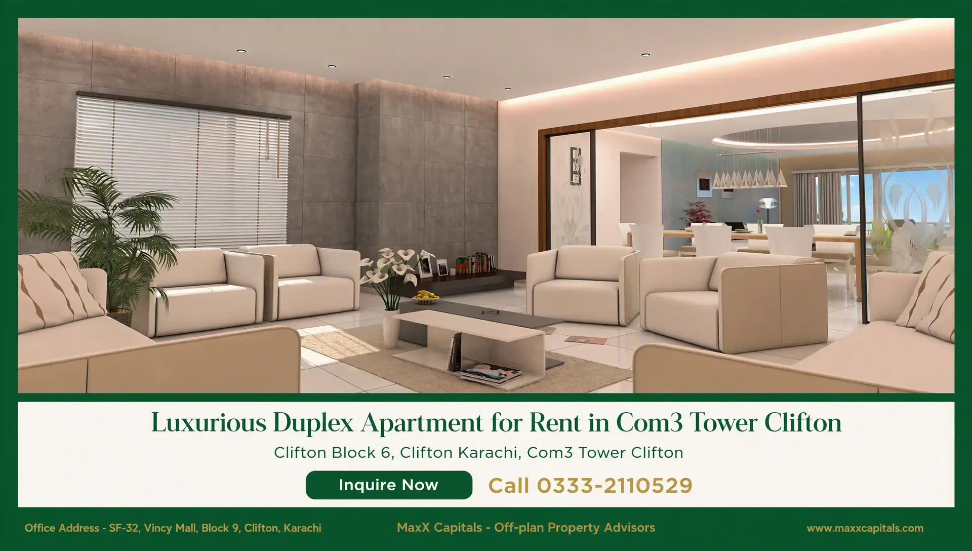 Luxurious Duplex Apartment for Rent in Com3 Tower Clifton Modern duplex apartment living room with cream sofas, feature wall, and open-plan dining area