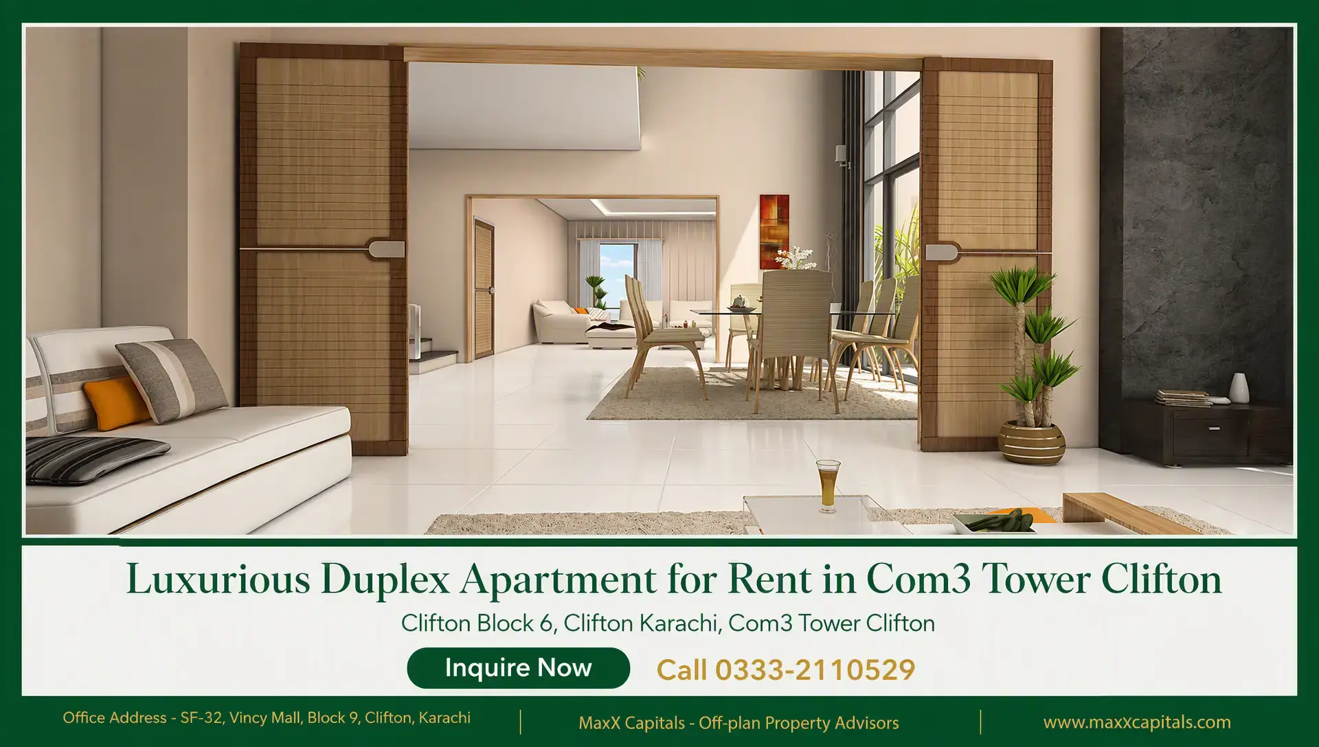 Luxurious Duplex Apartment for Rent in Com3 Tower Clifton Duplex apartment for rent with open-plan living area, sliding wood partitions, and double-height windows