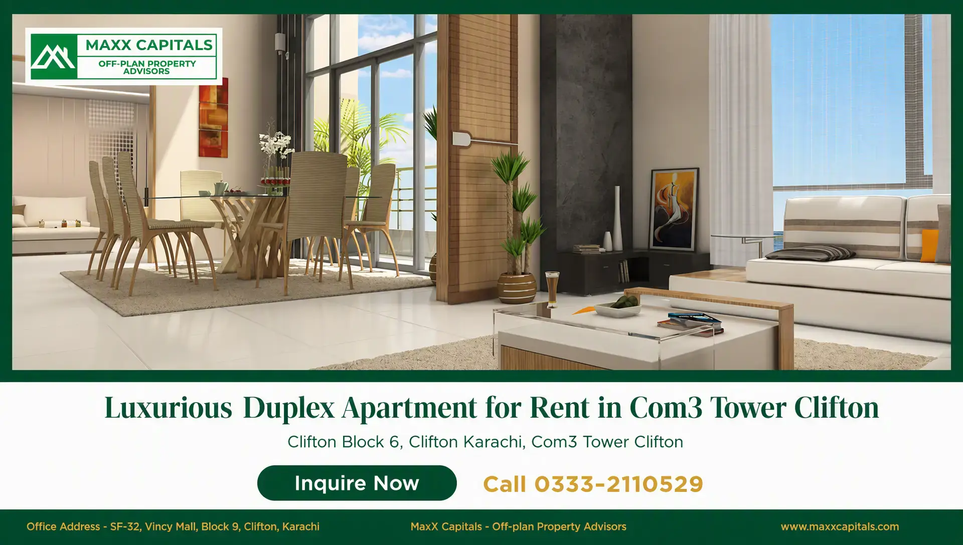 Luxurious Duplex Apartment for Rent in Com3 Tower Clifton Duplex Apartment for Rent living and dining area with double-height windows and balcony views