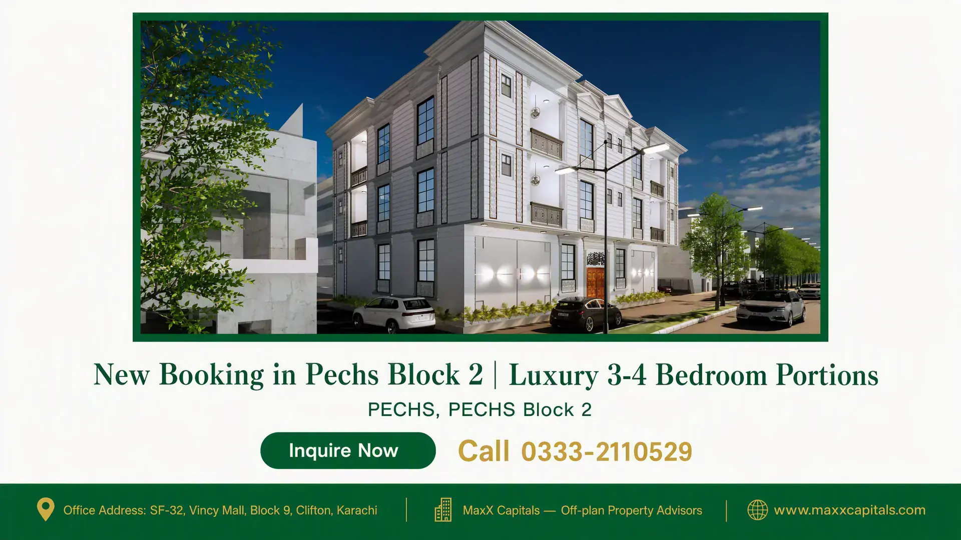New Booking in Pechs Block 2 | Luxury 3-4 Bedroom Portions Elegant residential building in PECHS Block 2 with modern architecture, landscaped surroundings, and spacious parking.