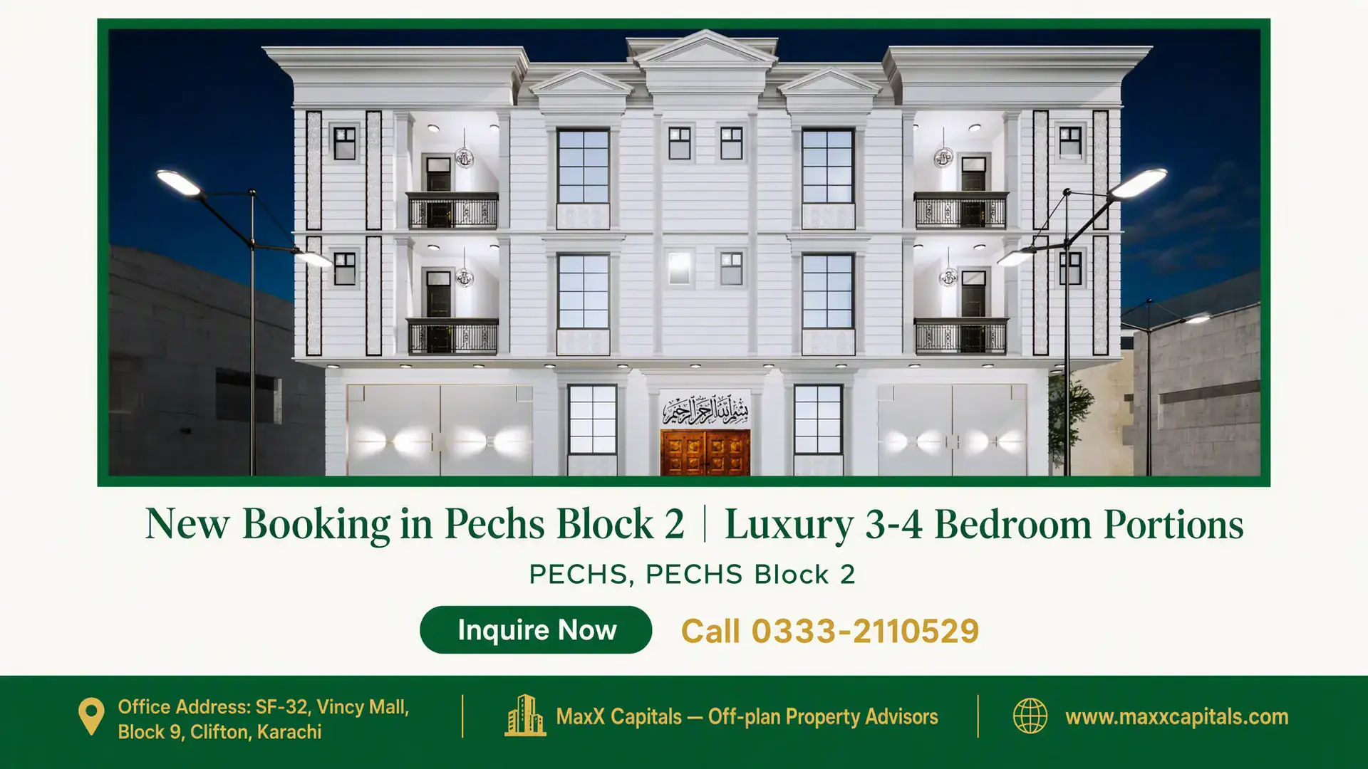 New Booking in Pechs Block 2 | Luxury 3-4 Bedroom Portions Three-story white colonial-style building with illuminated balconies and ornate wooden doors in PECHS Block 2.