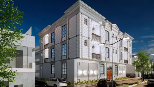 New Booking In Pechs Block 2 Luxury 3-4 Bedroom Portions Exterior At Dusk, White Multi-Story Facade With Balconies, Large Win