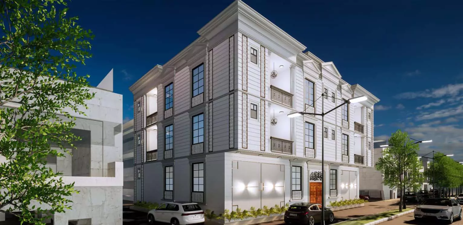 New Booking in Pechs Block 2 luxury 3-4 bedroom portions exterior at dusk, white multi-story facade with balconies, large win