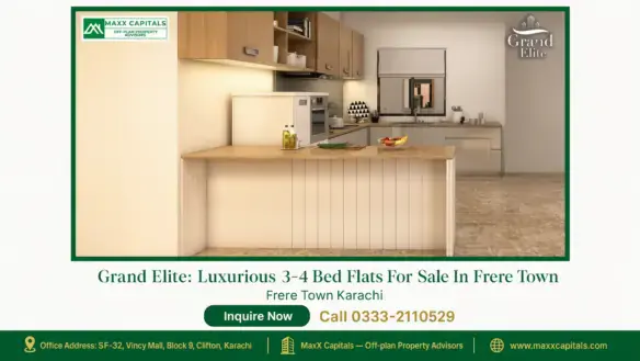 Modern kitchen with wood and white cabinetry, marble flooring, and minimalist decor at Grand Elite in Frere Town.