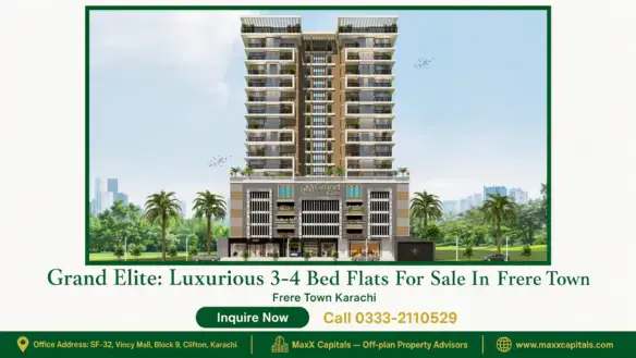 Grand Elite luxury apartment building with modern facade, green landscaping, and city skyline in Frere Town.