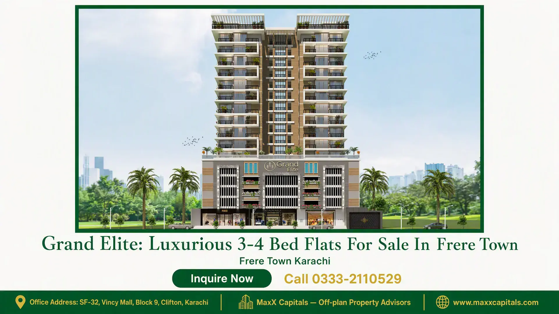 Grand Elite: Luxurious 3-4 Bed Flats For Sale In Frere Town Grand Elite luxury apartment building with modern facade, green landscaping, and city skyline in Frere Town.