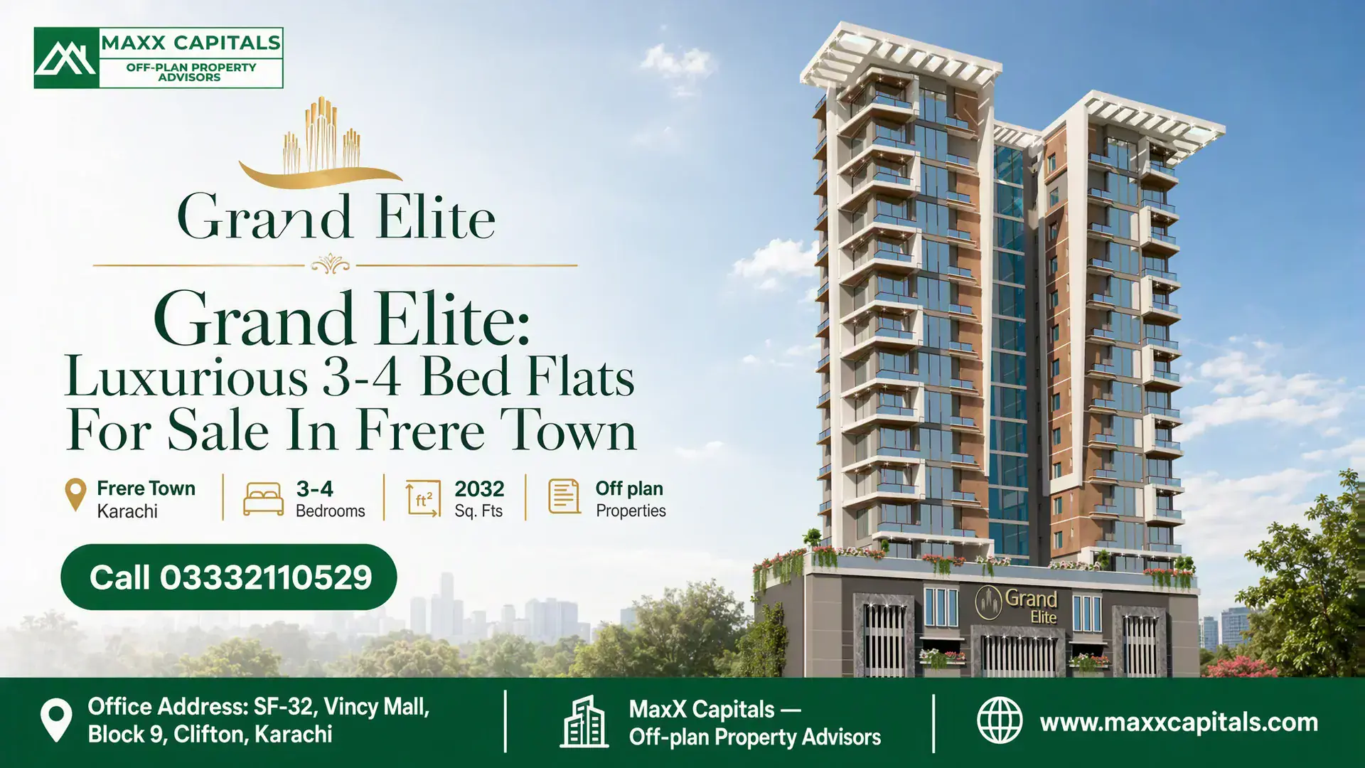 Grand Elite: Luxurious 3-4 Bed Flats For Sale In Frere Town Grand Elite luxury apartment building with modern architecture, glass facades, and multiple balconies in Frere Town.