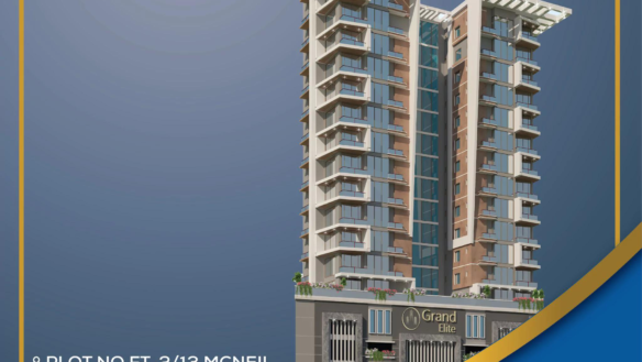 Grand Elite Apartment Tower In Clifton Karachi With Modern Glass Facade Balconies And 3 4 Bhk Units Signage