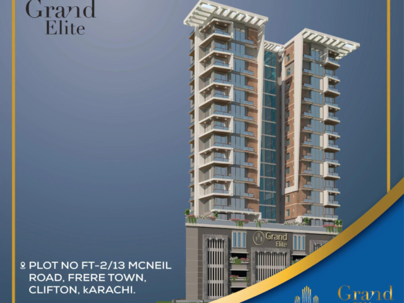 Grand Elite Apartment Tower In Clifton Karachi With Modern Glass Facade Balconies And 3 4 Bhk Units Signage