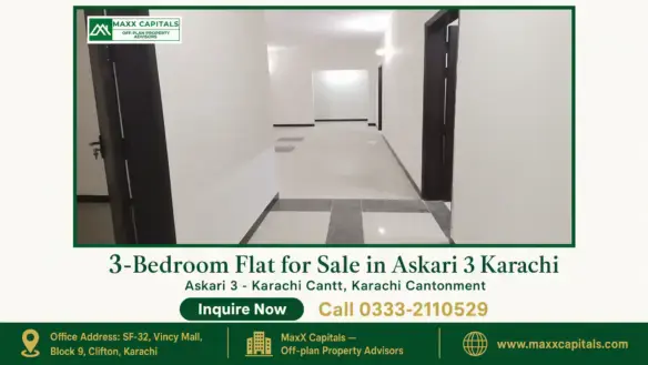 Spacious corridor with polished tiled flooring and modern lighting in a flat for sale in Askari 3 Karachi.