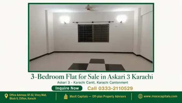 Spacious living room of a 3-bedroom flat in Askari 3 Karachi with tiled flooring, modern lighting, and a large window for nat