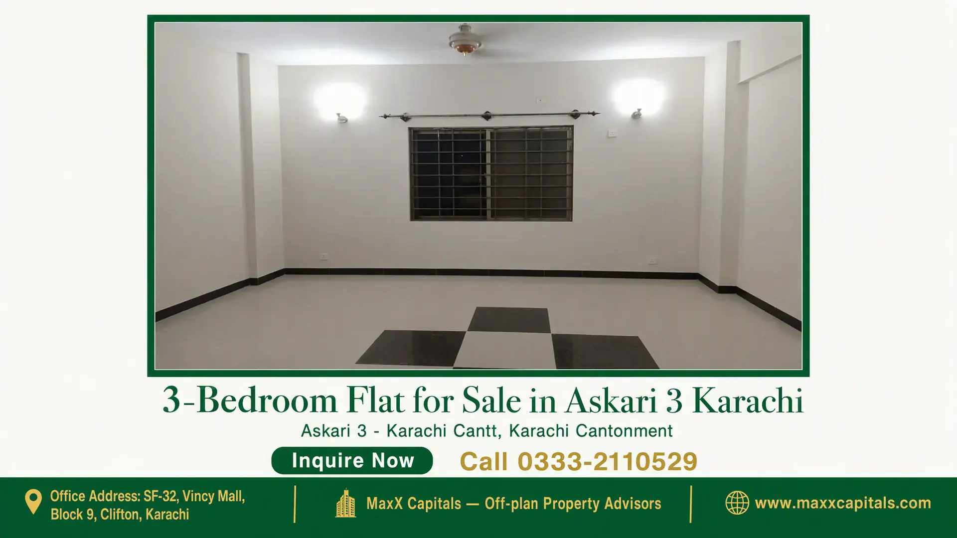 3-Bedroom Flat for Sale in Askari 3 Karachi Spacious living room of a 3-bedroom flat in Askari 3 Karachi with tiled flooring, modern lighting, and a large window for nat