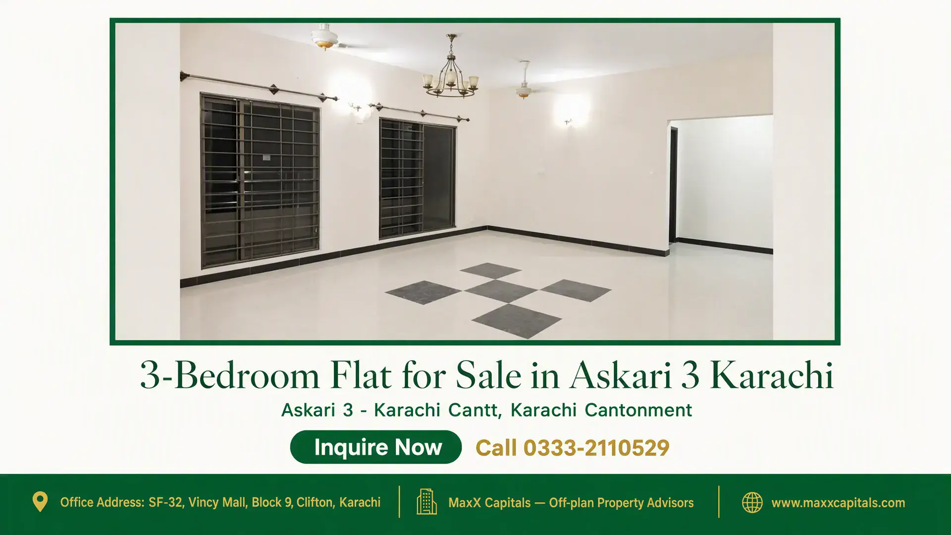 3-Bedroom Flat for Sale in Askari 3 Karachi Spacious living room with tiled flooring, modern chandelier, large windows with safety grills in a flat for sale in Askari 3