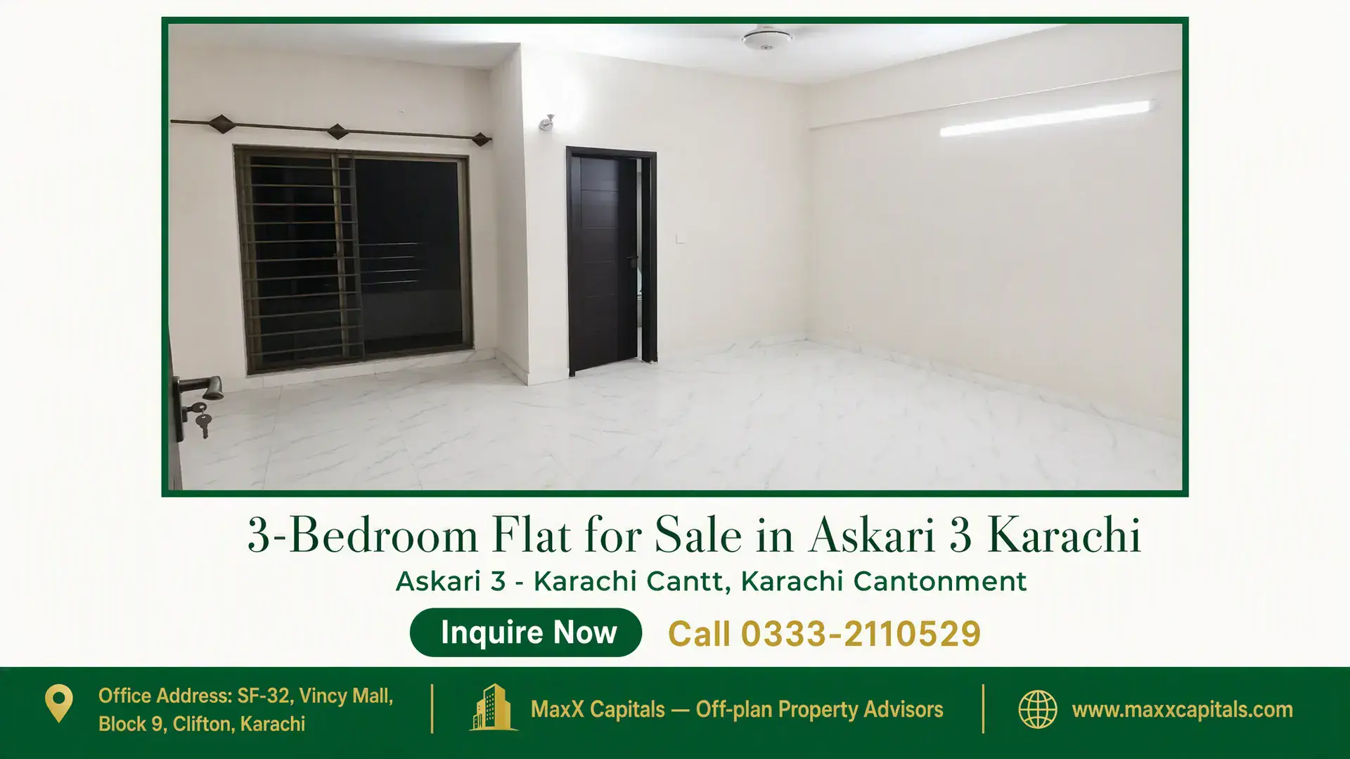 3-Bedroom Flat for Sale in Askari 3 Karachi Spacious living room in a 3-bedroom flat for sale in Askari 3 Karachi, featuring marble flooring and modern lighting design.