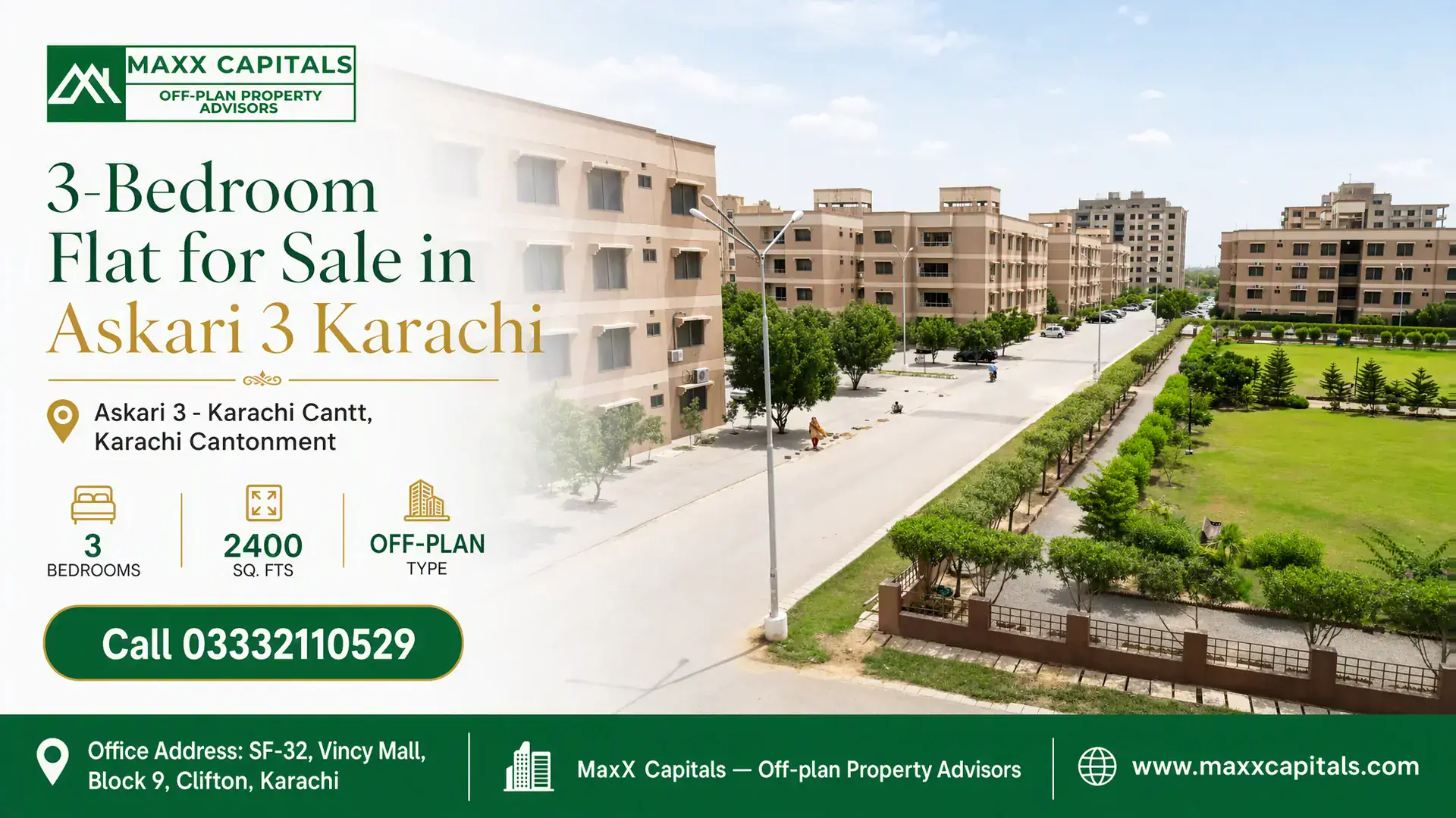 3-Bedroom Flat for Sale in Askari 3 Karachi Exterior view of residential buildings and manicured green spaces in Askari 3 Karachi, showcasing modern flats for sale.