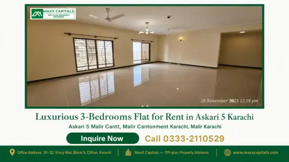 Spacious living room with tiled floors, ceiling fans, decorative lighting, and large windows in a flat for rent in Askari 5.