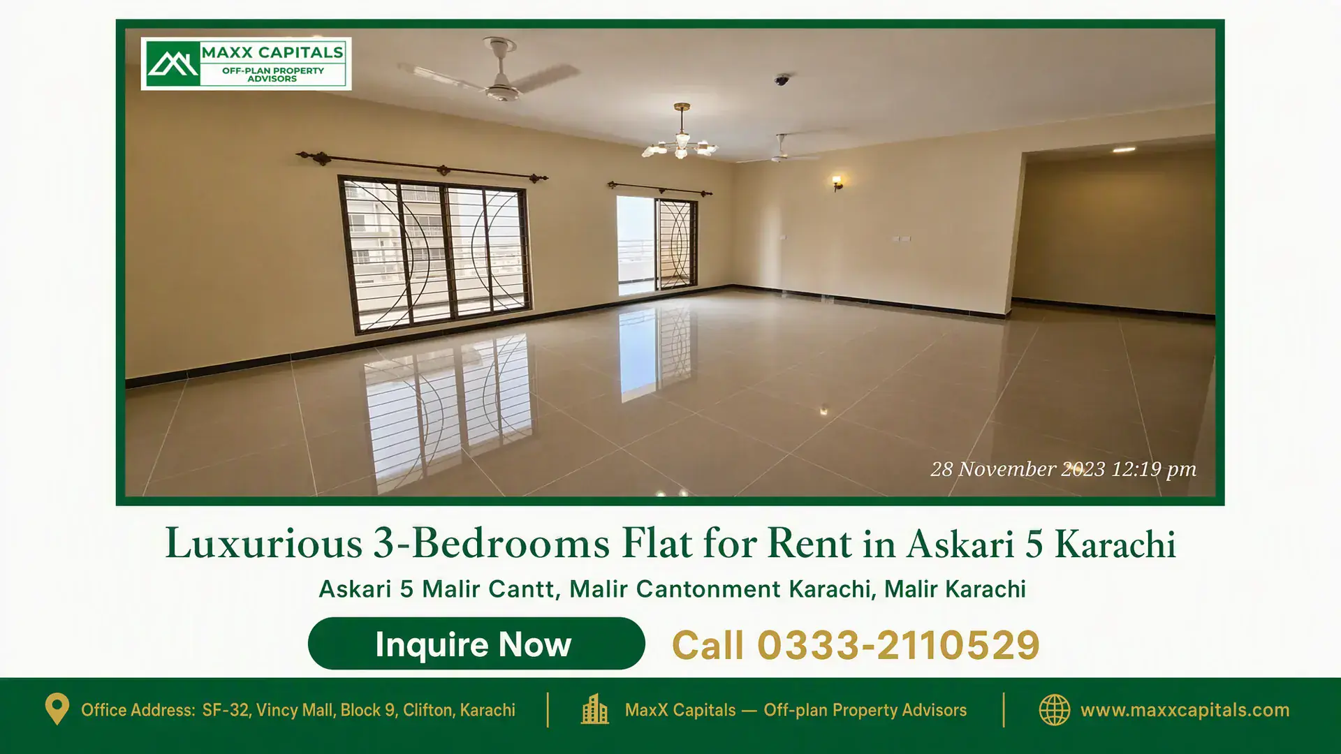 Luxurious 3-Bedrooms Flat for Rent in Askari 5 Karachi Spacious living room with tiled floors, ceiling fans, decorative lighting, and large windows in a flat for rent in Askari 5.