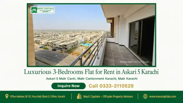 Spacious tiled balcony with sleek railing overlooking residential units and a swimming pool in Askari 5 Karachi.