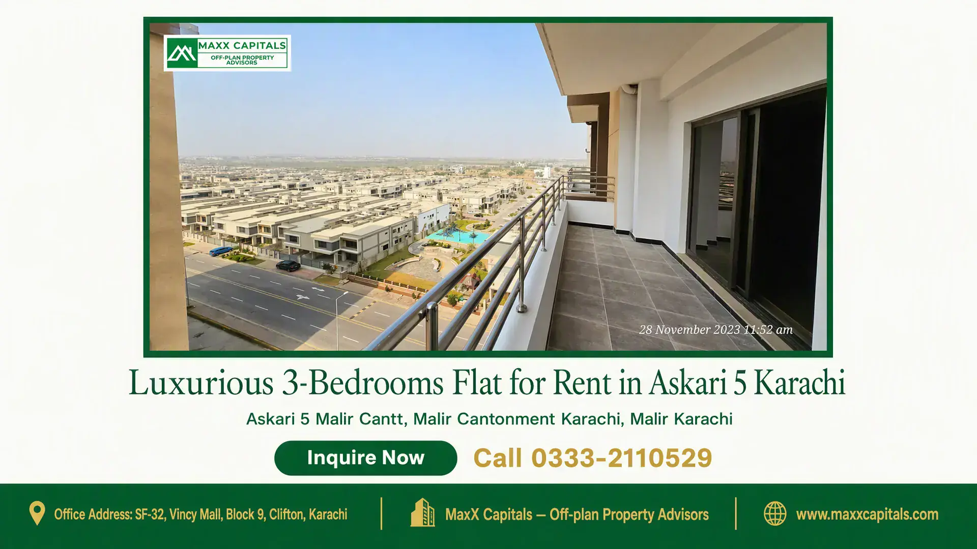 Luxurious 3-Bedrooms Flat for Rent in Askari 5 Karachi Spacious tiled balcony with sleek railing overlooking residential units and a swimming pool in Askari 5 Karachi.