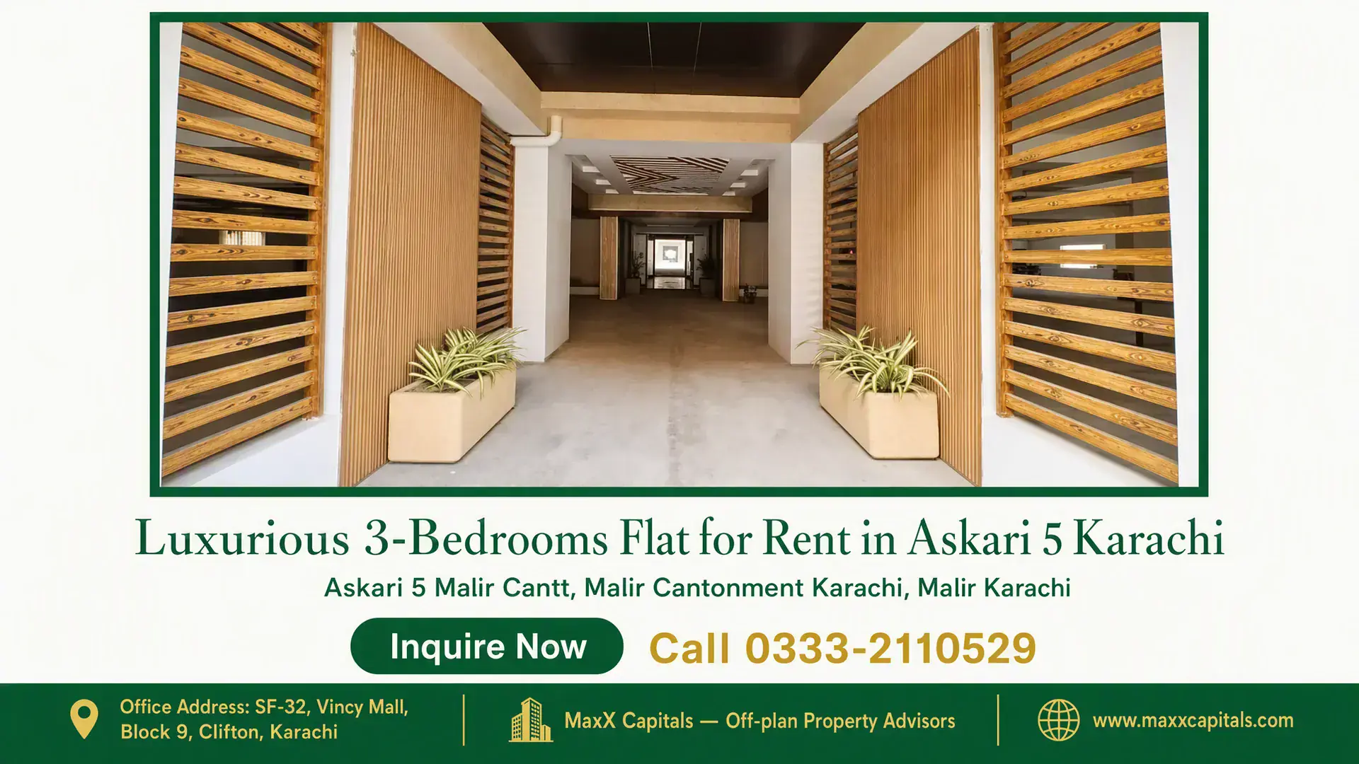 Luxurious 3-Bedrooms Flat for Rent in Askari 5 Karachi Modern entrance with wooden paneling and planters in a luxurious flat for rent in Askari 5 Karachi.