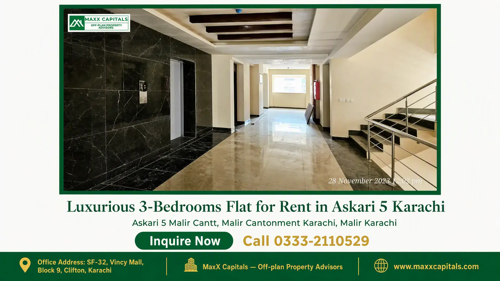 Luxurious 3-Bedrooms Flat for Rent in Askari 5 Karachi Elegant corridor in a luxurious flat with black marble walls, polished flooring, and a modern staircase in Askari 5 Karachi.