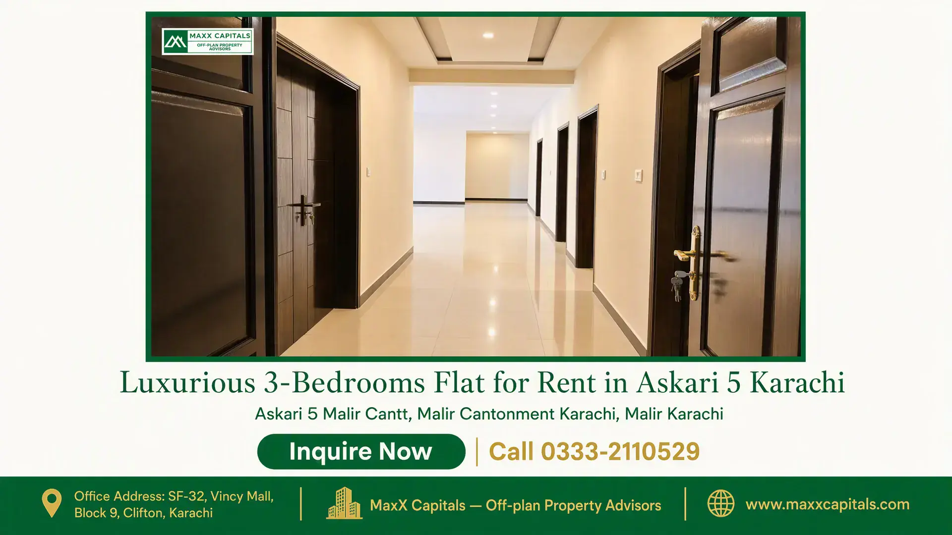 Luxurious 3-Bedrooms Flat for Rent in Askari 5 Karachi Spacious hallway with glossy tiled flooring, wooden doors, and recessed ceiling lights in a flat for rent in Askari 5 Karachi
