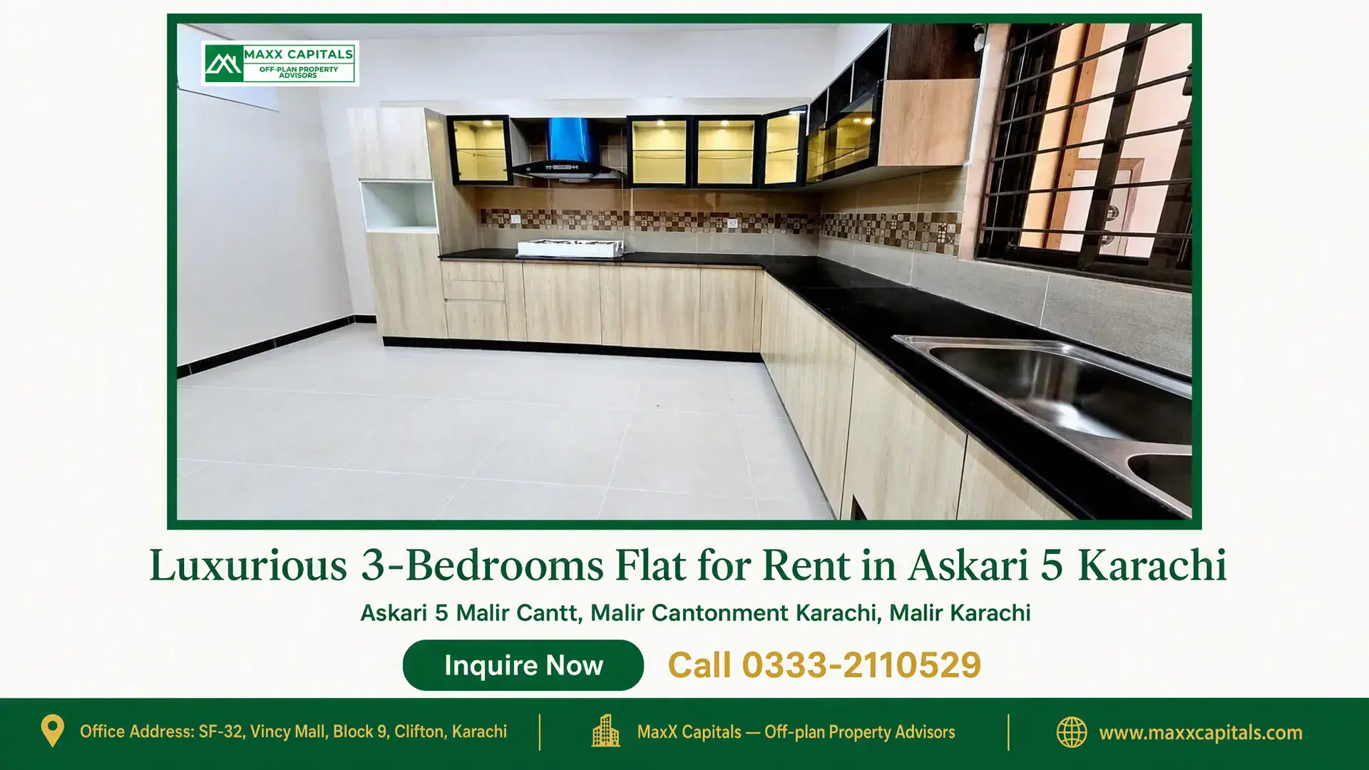 Luxurious 3-Bedrooms Flat for Rent in Askari 5 Karachi Spacious modern kitchen with wooden cabinets, black countertops, tiled backsplash, and stainless steel sink in a flat for ren